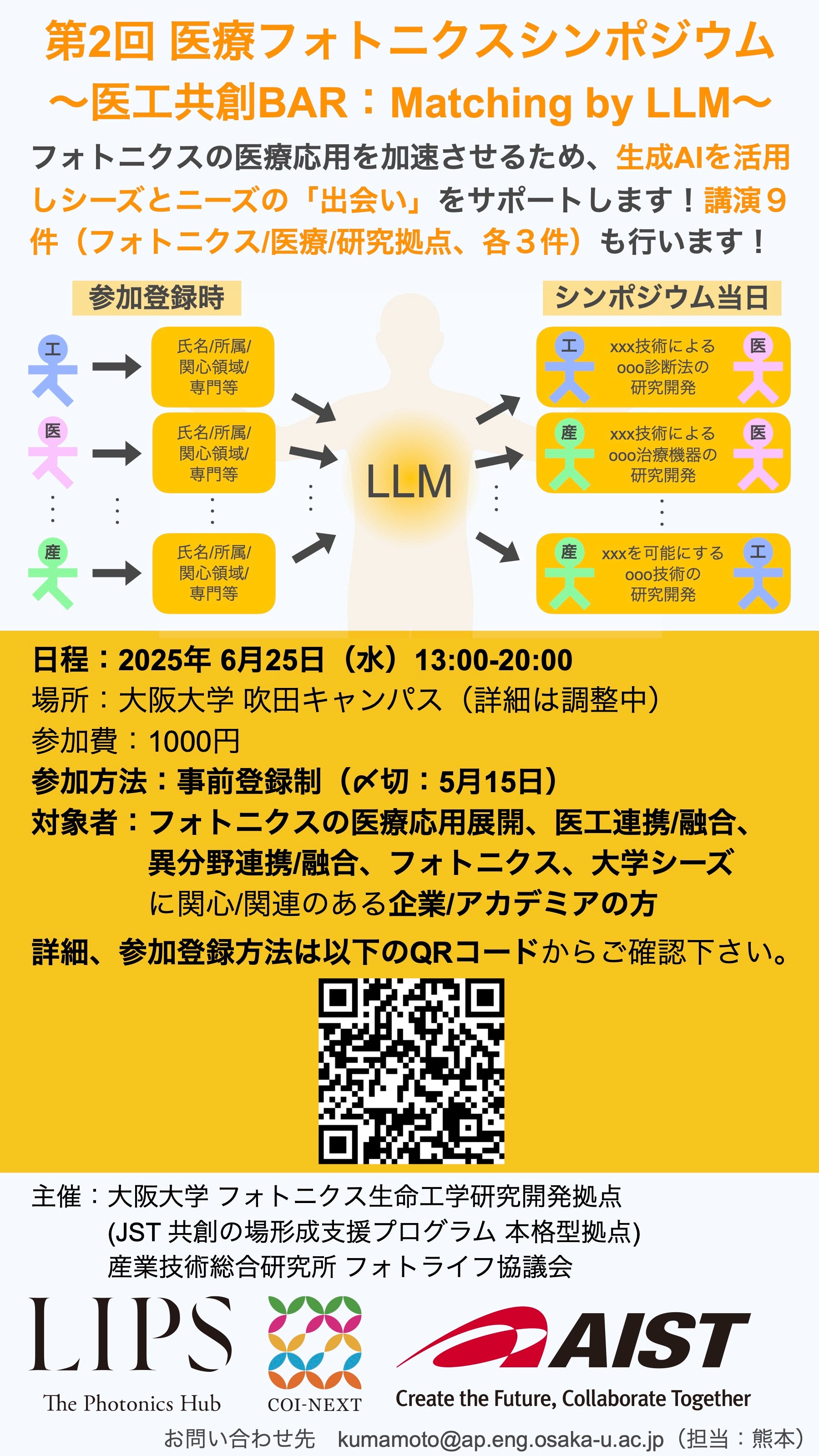 阪大LIPS拠点（COI-NEXT本格型採択拠点）主催　第２回医療フォトニクスシンポジウム～医工共創BAR：Matching by LLM～