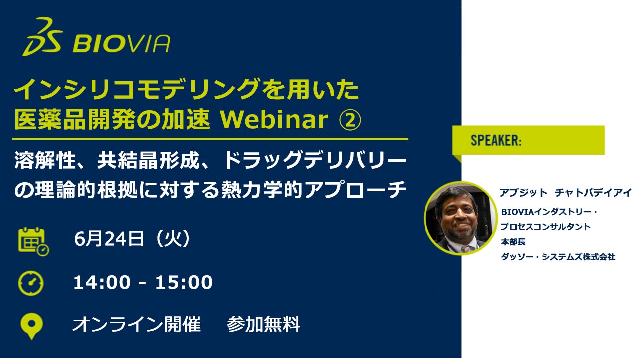 インシリコモデリングを用いた医薬品開発の加速Webinar2 溶解性、共結晶形成、ドラッグデリバリーの理論的根拠 に対する熱力学的アプローチ