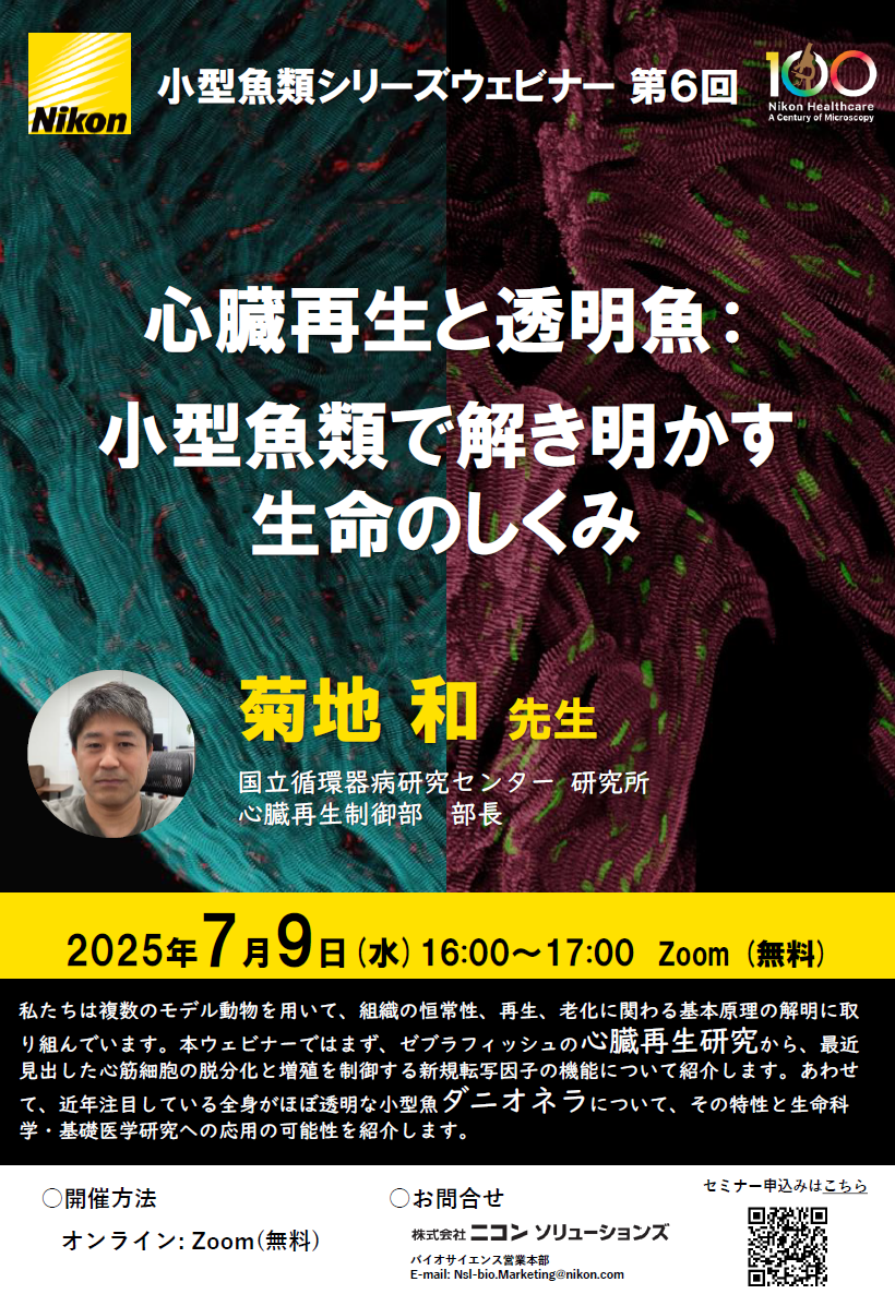 【小型魚類シリーズウェビナー第6回】心臓再生と透明魚：小型魚類で解き明かす生命のしくみ