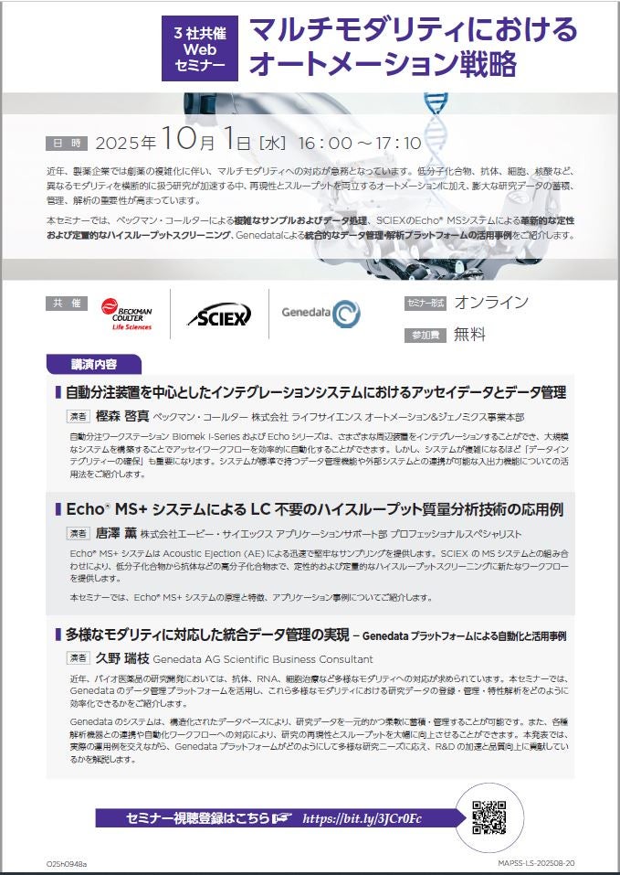 【無料ウェビナー】マルチモダリティにおけるオートメーション戦略（Beckman + SCIEX + Genedata）