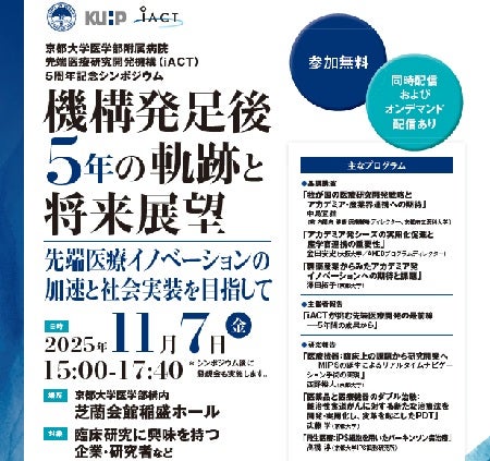 京都大学医学部附属病院 先端医療研究開発機構（iACT）5周年記念シンポジウム 「機構発足後5年の軌跡と将来展望 ー先端医療イノベーションの加速と社会実装を目指してー」