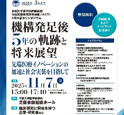 京都大学医学部附属病院 先端医療研究開発機構（iACT）5周年記念シンポジウム 「機構発足後5年の軌跡と将来展望 ー先端医療イノベーションの加速と社会実装を目指してー」