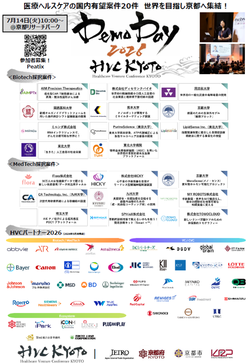 【一般参加募集】国内最大級ピッチイベント HVC KYOTO 2026 - ヘルスケア分野のスタートアップ20社が京都に集結！